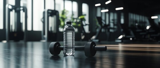 Water Bottle and Dumbbell in a Modern Gym