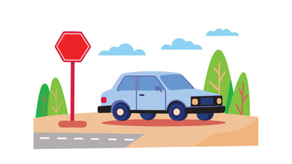 Naklejka premium Car on the road with a stop sign, traffic safety, road regulations, and careful driving