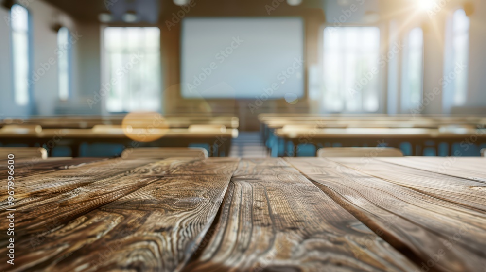 Poster close-up of a wooden table in a bright classroom, showcasing a welcoming learning environment with e