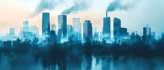Obraz premium Overcast Cityscape with Skyscrapers Mirrored in a Lake or Photographic Concept Showcasing Space for Text about Pollution Control Policies and Environmental Impact Mitigation