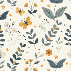 A floral pattern with butterflies and leaves