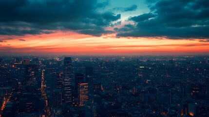 Fototapeta premium Cityscape with Orange Sunset and Dark Clouds