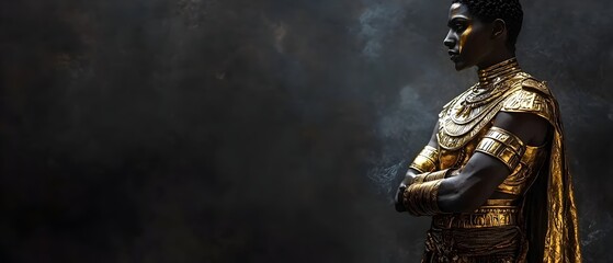 Enigmatic Egyptian Warrior in Golden Armor Stands Tall in Dramatic Halloween Costume Silhouetted against a Dark Background with a Sense of Mystique and Grandeur