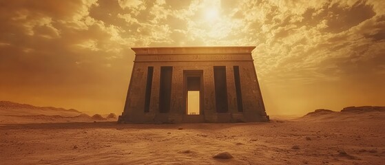 Haunted Ancient Egyptian Desert Temple Filled with Supernatural Spirits for Halloween Photography Concept with Dramatic Sky and Copy Space for Text