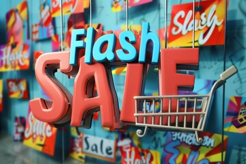 Colorful signage promoting a flash sale with vibrant graphics to attract shoppers. Ideal for e-commerce businesses and promotions.