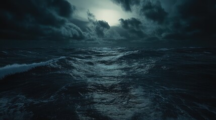 Fototapeta premium Realistic shot of a stormy ocean at night, with heavy clouds covering the sky, creating a dramatic and foreboding atmosphere, detailed waves and dark water
