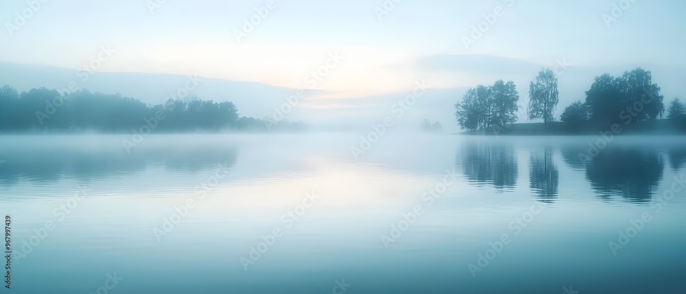 Poster mystical fog gently envelops the serene surface of a still lake creating a dreamlike atmosphere at t