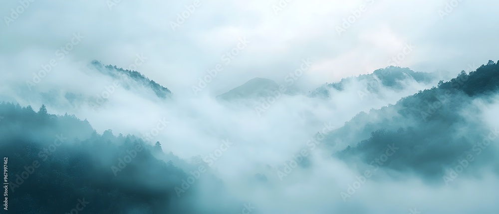 Poster mystical misty mountain landscape with enveloping fog fog rolling through a remote mountain pass cre