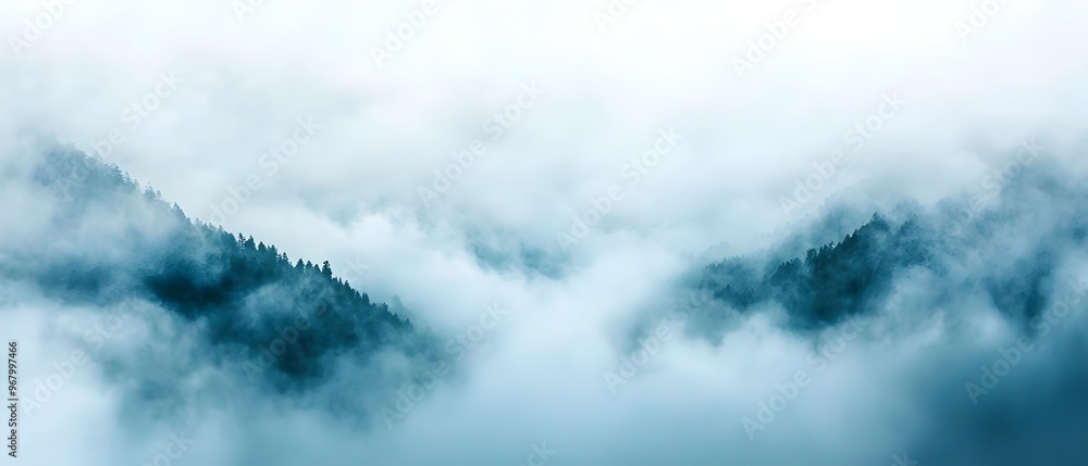 Poster fog rolls through a rugged mountain pass creating a mysterious and silent atmosphere in this dramati