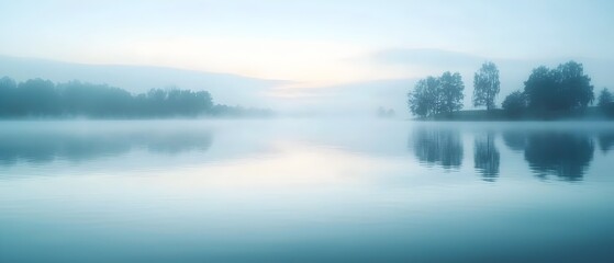 Fototapeta premium Mystical fog gently envelops the serene surface of a still lake creating a dreamlike atmosphere at the break of dawn The tranquil waters perfectly reflect the hazy ethereal scene