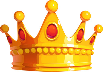 Cartoon golden king crown, adorned with red jewels, reflects themes of royalty, luxury, and power. Isolated vector regal and majestic element for king, queen, prince or princess. Fantasy game asset