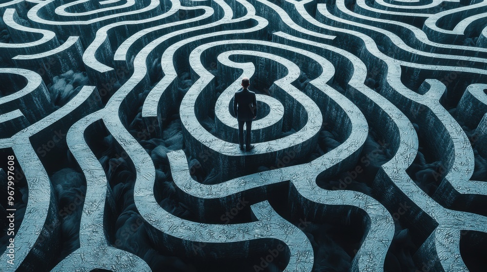 Poster endless maze of thoughts: a figure trapped in an abstract maze of swirling thoughts and question mar