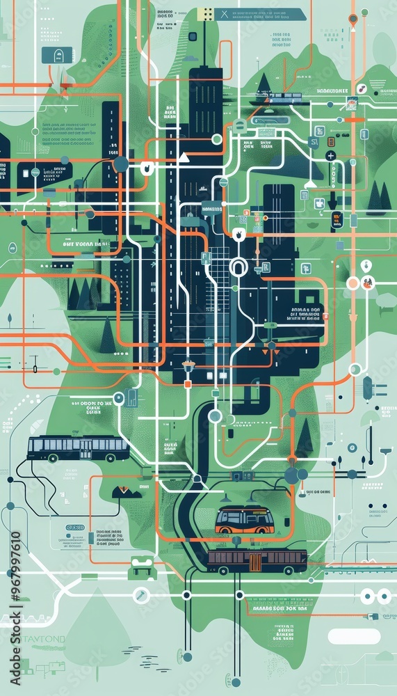 Poster modern urban public transit map with energy efficient routes for buses and trains