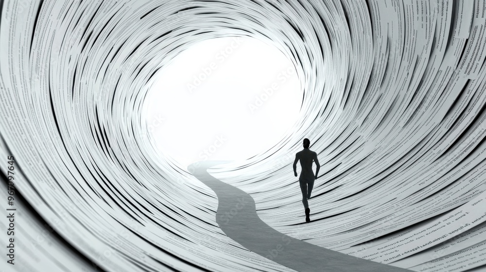 Poster endless tunnel of tasks: a figure running down a long tunnel, with abstract to-do lists and deadline