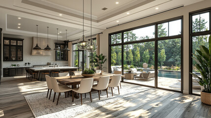 Fototapeta premium Spacious dining room with a view of a backyard pool.
