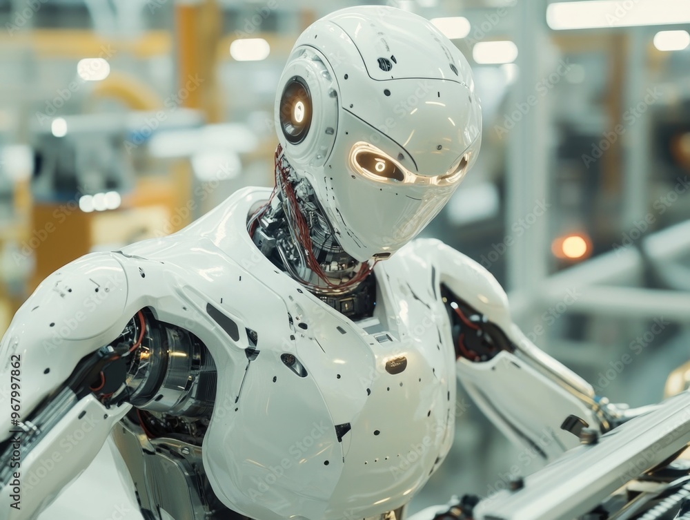 Aufkleber this is a robotic worker on an assembly line. it appears to be of the iron man variety, with advance