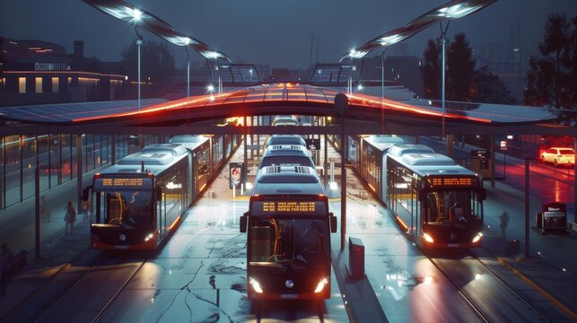 Modern Public Transportation Hub with Electric Buses and Solar Powered Charging Stations at Dusk