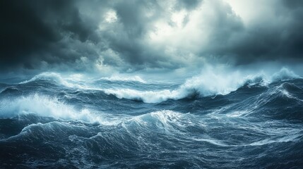 Obraz premium Realistic shot of rough ocean waves in a storm, with a grey midnight sky full of thick, swirling clouds, captured in high-definition detail and natural lighting