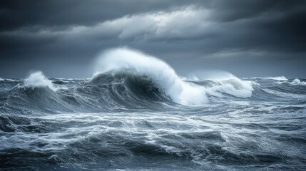 Fototapeta premium Stormy ocean waves crashing under a dark grey sky filled with clouds, captured in a realistic high-definition shot, natural lighting highlighting the water textures