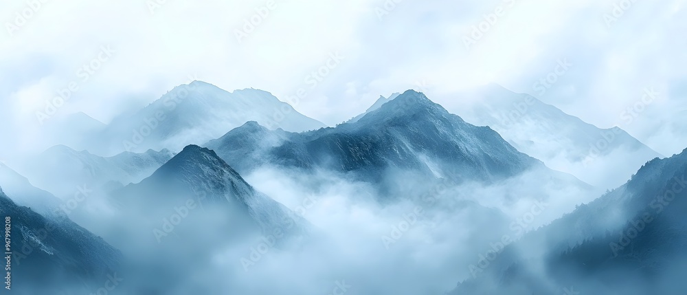 Poster breathtaking misty mountain landscape with fog rolling through a remote and rugged mountain pass cre