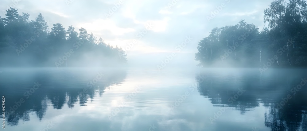 Poster drifting fog creating a misty ethereal atmosphere over a still reflective lake at dawn the serene pe
