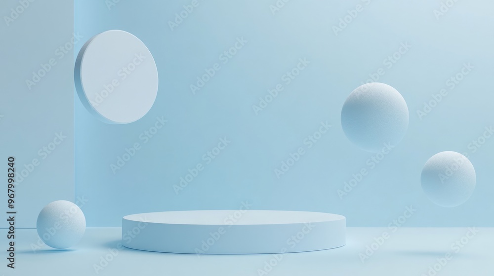 Poster an image depicting three-dimensional floating spheres and circles against a light blue background.