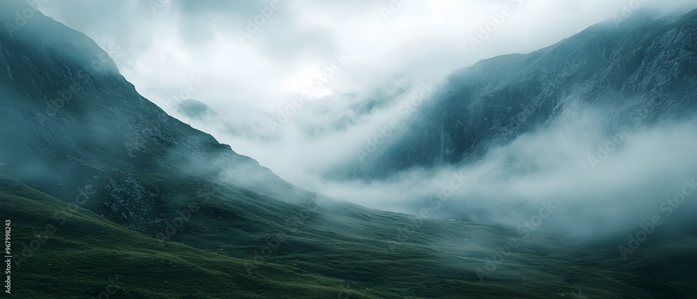 Poster rugged mountain peaks enveloped in a veil of swirling ethereal fog creating a mysterious and tranqui
