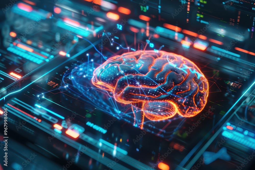 Poster futuristic brain visualization with abstract technology elements, representing artificial intelligen