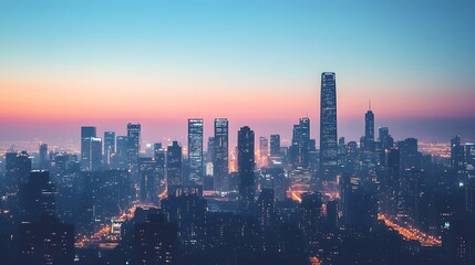 Fototapeta premium Cityscape at Dawn with Tall Skyscrapers and Hazy Atmosphere