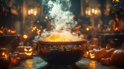 halloween glamour, an elegant scene of a black cauldron emitting dry ice smoke amidst lavish halloween decor in a luxurious setting
