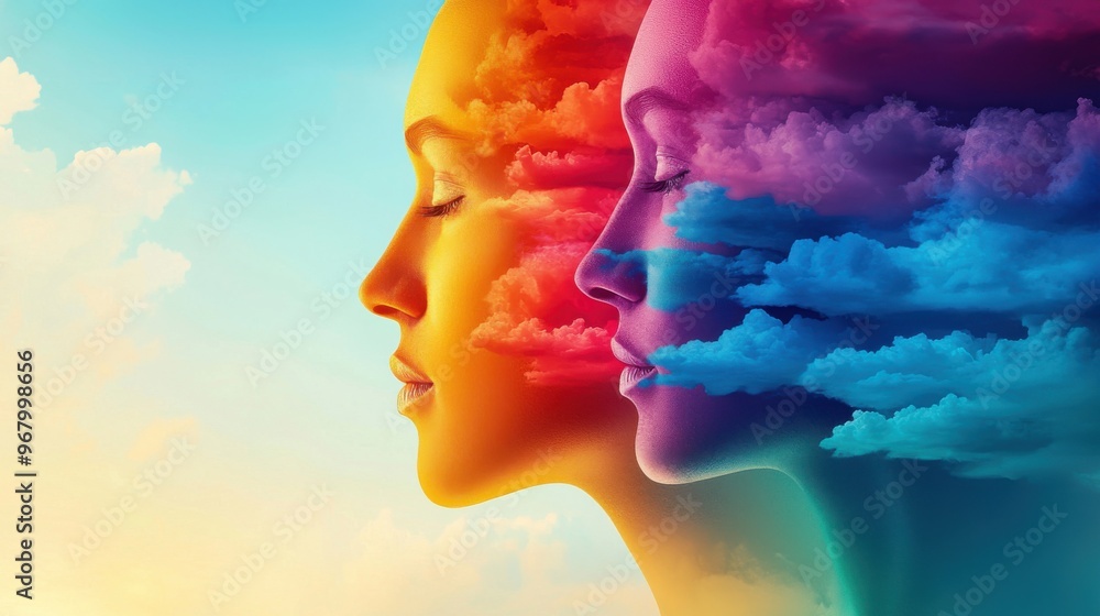 Poster faces of the future: a series of heads in different colors and expressions floating toward the horiz