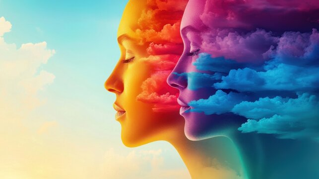 Faces of the Future: A series of heads in different colors and expressions floating toward the horizon, symbolizing future possibilities for personality growth and evolution