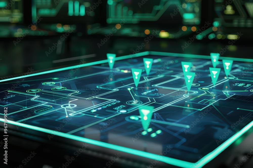Poster futuristic digital interface showcasing a network map with glowing markers, ideal for technology and
