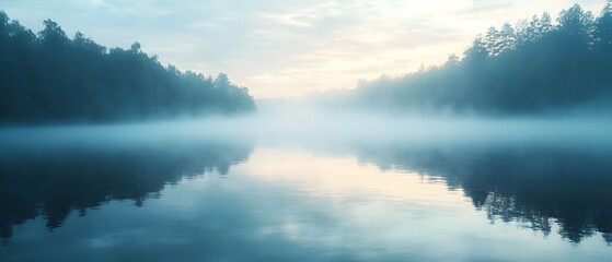 Obraz premium Ethereal fog shrouded lake reflecting the tranquil dawn sky creating a serene and dreamlike natural landscape Misty atmospheric and peaceful scene of wilderness and solitude