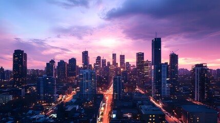 Fototapeta premium Cityscape at Dusk with a Purple and Pink Sky