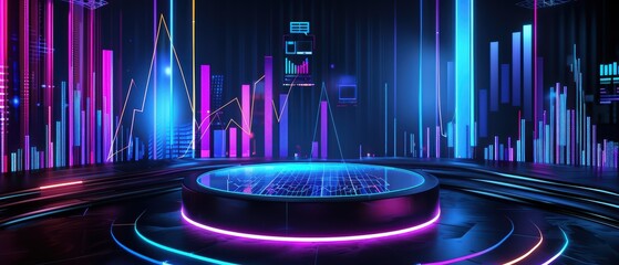 Obraz premium Futuristic digital stage with neon lights and graphs, ideal for presentations, conferences, or technology themes.