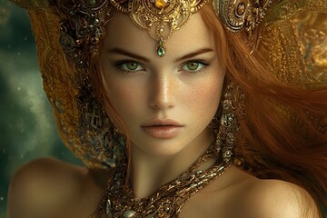 A captivating portrait of a female figure adorned