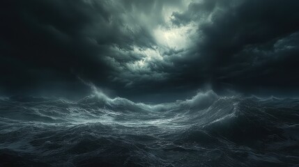 Obraz premium The sea churns and crashes under a dark stormy sky, with thick clouds swirling in the midnight air, high-definition detail and natural lighting capturing the mood