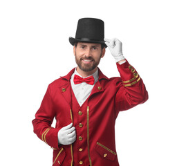 Portrait of showman in red costume and hat on white background