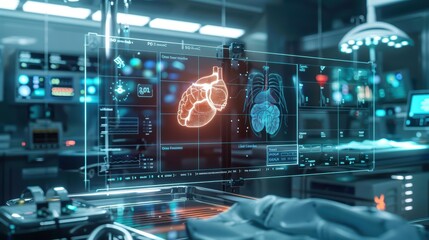 Obraz premium Futuristic medical interface displaying heart anatomy in a high-tech surgical room.