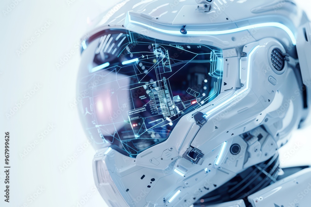 Poster futuristic robot head with digital interface and glowing elements, symbolizing advanced technology i