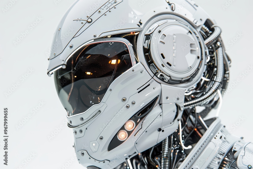 Poster futuristic robot head with intricate metallic design and glowing elements, showcasing advanced techn