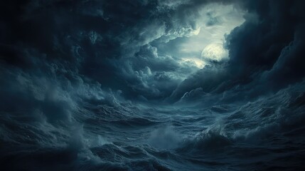 Fototapeta premium The sea churns violently under a storm-filled sky, with dark clouds swirling and obscuring the moonlight, a realistic and detailed shot of a stormy midnight sea
