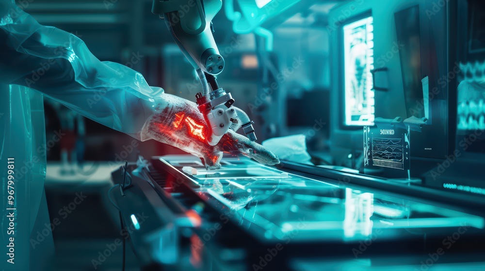 Poster Futuristic robotic hand manipulating delicate instruments in a high-tech laboratory environment.