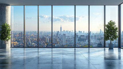 A modern office space with a stunning cityscape view.
