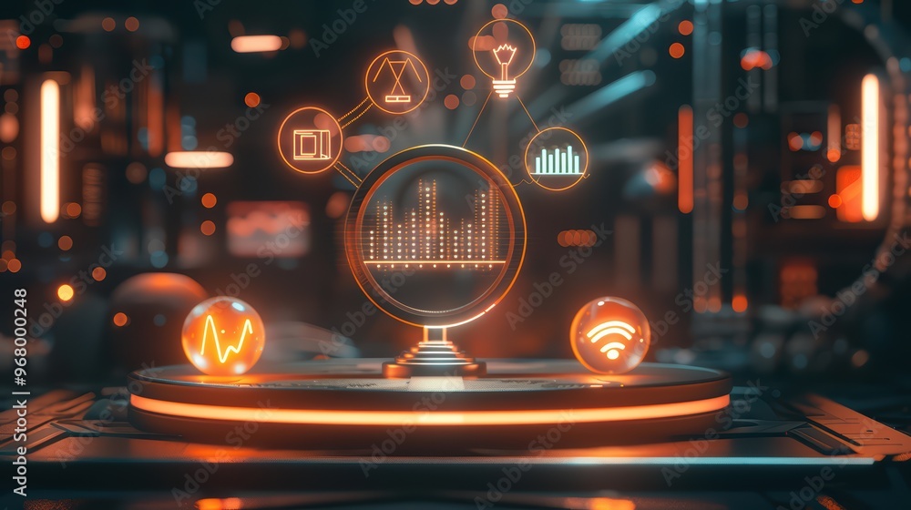 Poster futuristic visualization of data analytics with glowing icons and graphs in a digital environment.