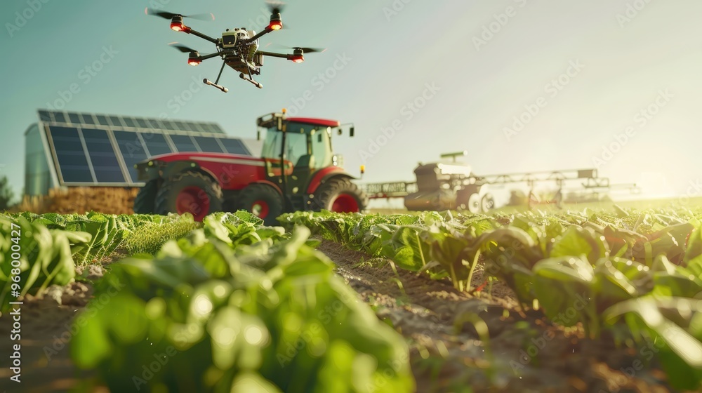 Aufkleber smart farming with solar-powered machinery and drones for efficient crop monitoring