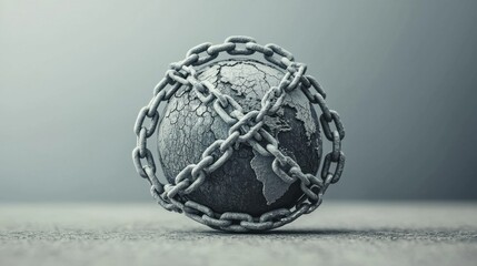 Financial Chains Weighing the World: A large globe bound in heavy, metallic chains, each link representing increasing debt