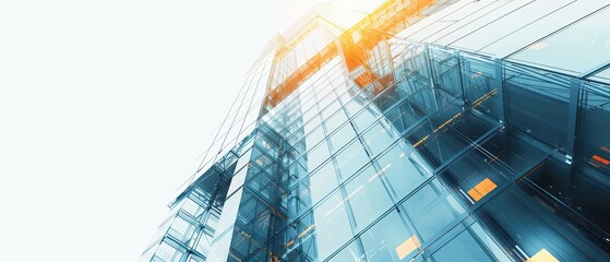 Obraz premium Modern building with glass facade reflecting sunlight, showcasing innovative architecture in a bright urban environment.