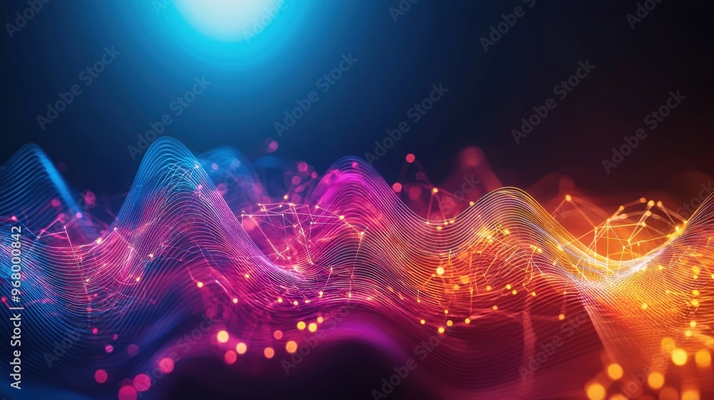 Poster flow of connection: abstract figures standing in a line, with glowing lines of energy passing from o